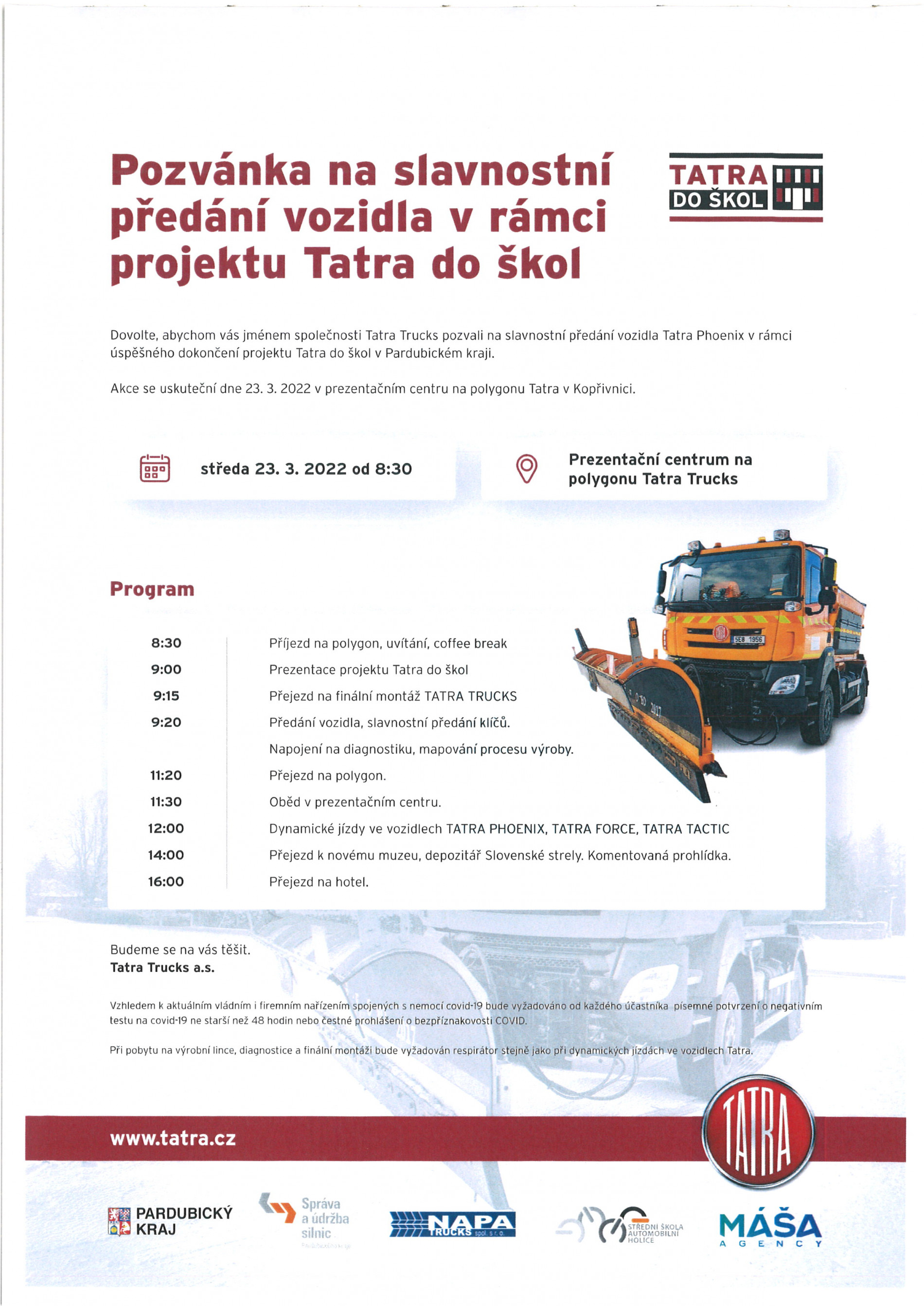 Pozvánka na slavnostní  předání vozidla v rámci  projektu Tatra do škol