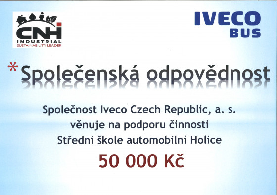 Škola získala od společnosti Iveco Czech Republic, a.s. dar v hodnotě 50 000,- Kč. Děkujeme firmě za podporu pro vzdělávání.